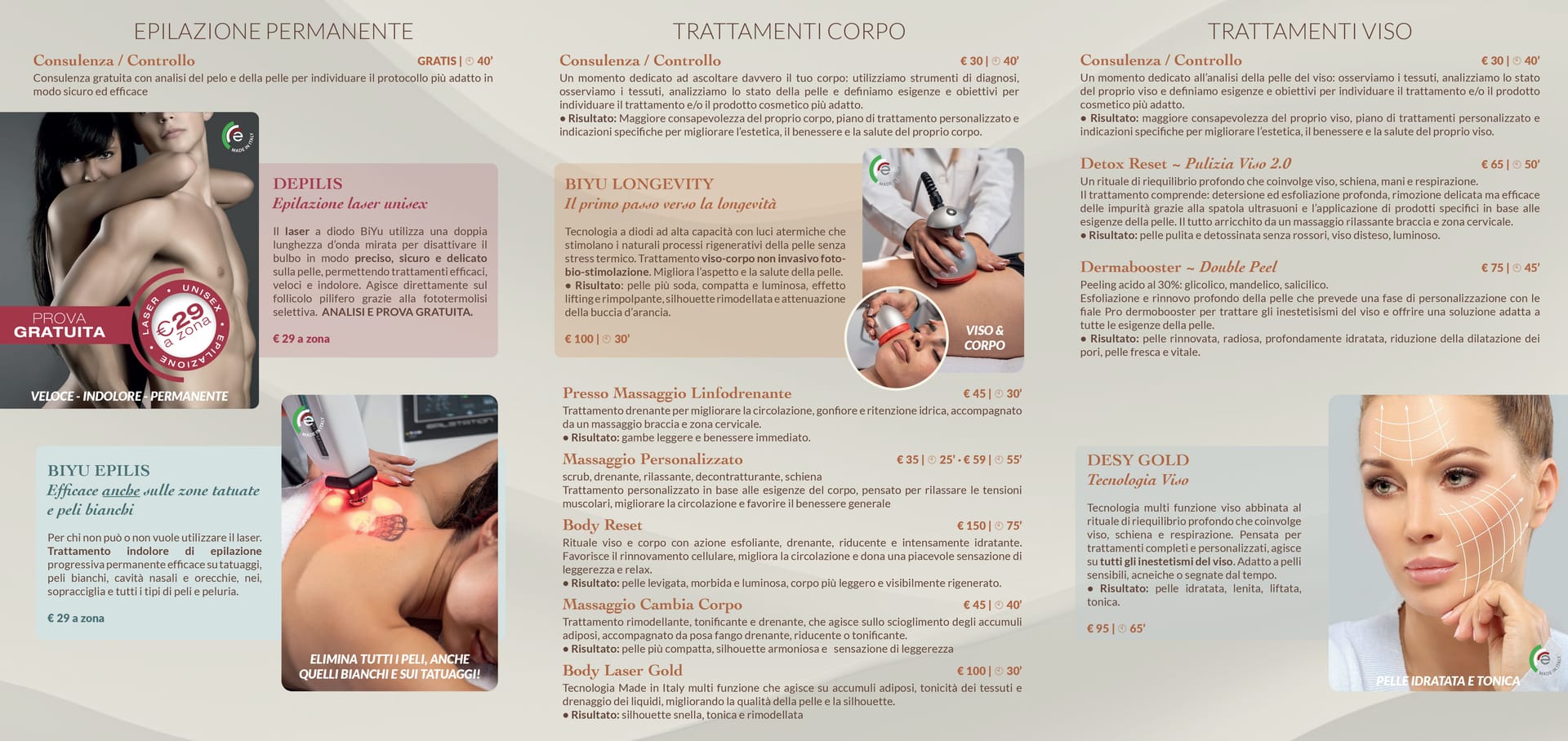 Listino prezzi Estetica Solarium Lingotto — retro: epilazione permanente, trattamenti corpo e viso