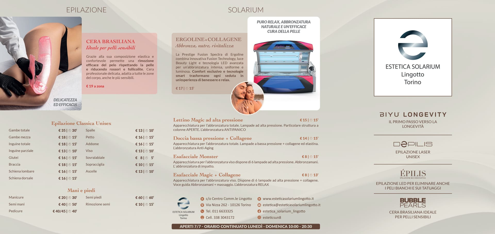 Listino prezzi Estetica Solarium Lingotto — fronte: epilazione, solarium, partner